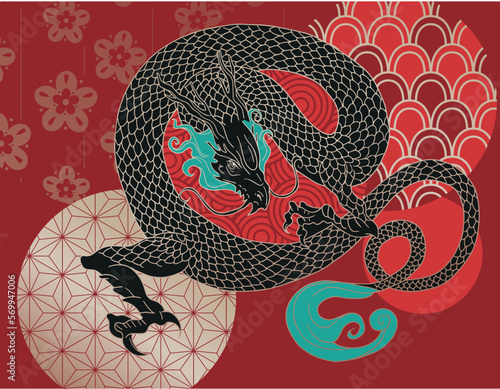 hand drawn japanese vector dragon in black, red and gold colours	