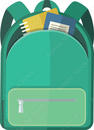 School supplies in green backpack. Cartoon bag icon