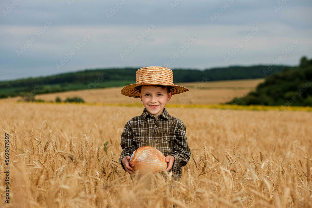 Little boy in the straw hat and shirt he held out his handing with bread in ripe grain. concept poverty, crisis, famine Little boy in the straw hat and shirt he held out his handing with bread in ripe grain. concept poverty, crisis, famine