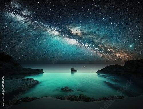 this is a beautiful image of mediterranean sea and milky way with gigantic aurora hanging in a pure dark sky Generative AI