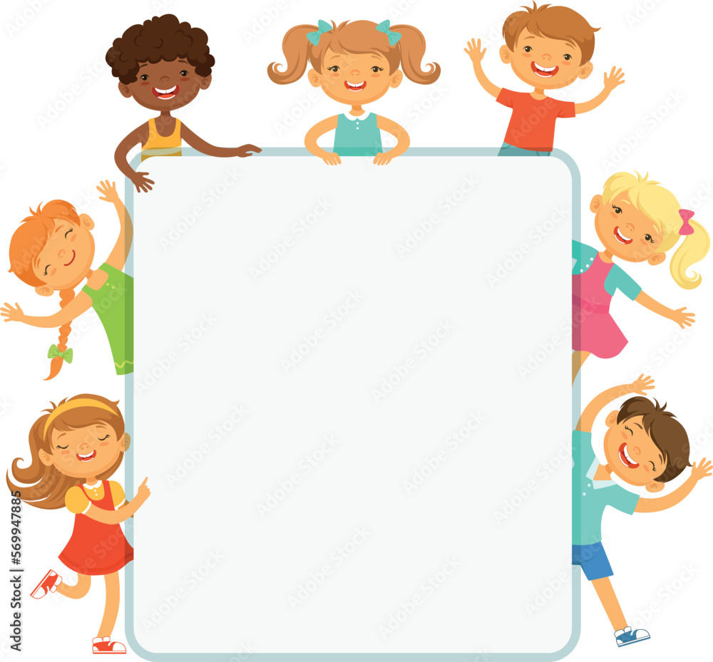 Happy kids with empty banner. Blank advertising billboard Happy kids with empty banner. Blank advertising billboard