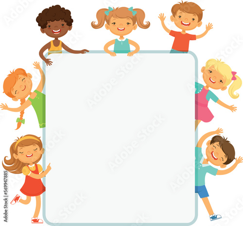 Happy kids with empty banner. Blank advertising billboard