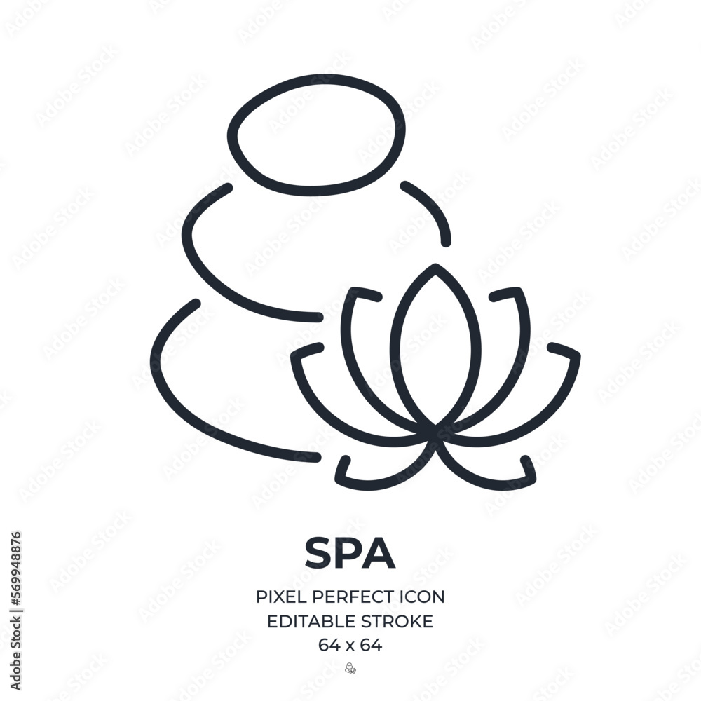 Spa and massage stones with lotus flower editable stroke outline icon isolated on white background flat vector illustration. Pixel perfect. 64 x 64. Spa and massage stones with lotus flower editable stroke outline icon isolated on white background flat vector illustration. Pixel perfect. 64 x 64.