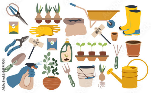 Home garden tool set. Vector isolated cute spring garden elements clay pots, onion flowers, seeds, gardeners tool.