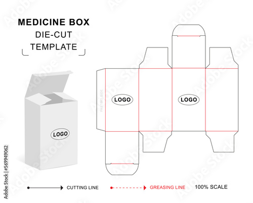 Medicine box die cut template with 3D blank vector mockup for pharmaceutical packaging