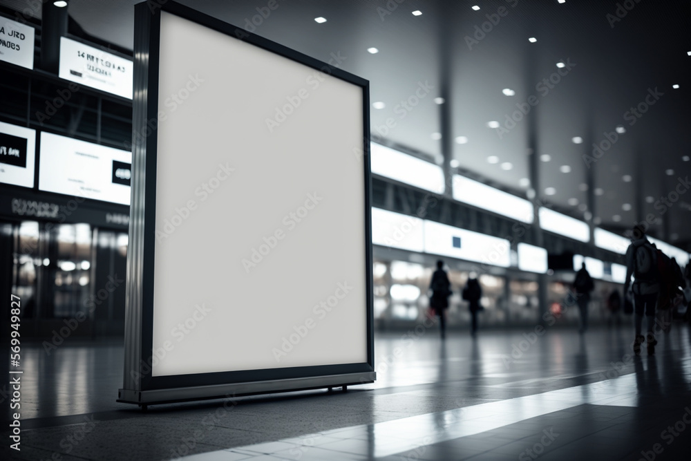 Fototapeta premium Blank advertising billboard in the airport, copy space, generative ai