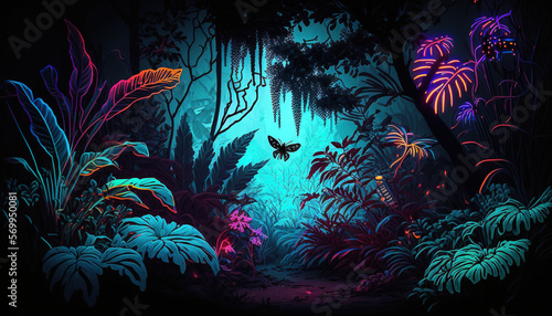 Fototapeta Naklejka Na Ścianę i Meble -  Night tropical jungle background. Atmospheric colorful rainforest. AI