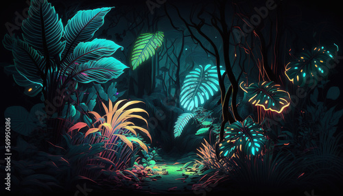 Fototapeta Naklejka Na Ścianę i Meble -  Night tropical jungle background. Atmospheric colorful rainforest. AI