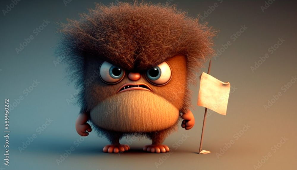 Fototapeta premium Cuddly extrange funny criatures, angry, with blank signboards to help to communicate the messages, copy space, generative ai.