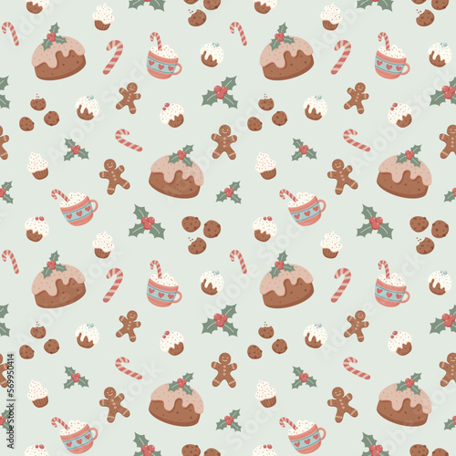 Winter seamless pattern with pudding, gingerbread cookies, cups, holly, cupcakes and candies for Christmas decoration. Good for gift wrapping paper, wallpapers, textile. Isolated vector illustration.