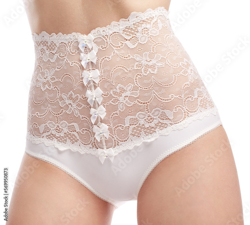 Photography High waist lace white panty erotic lingerie bride isolated on white background