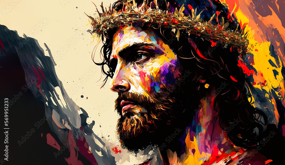 Abstract art. Colorful painting art of Jesus with a crown of thorns