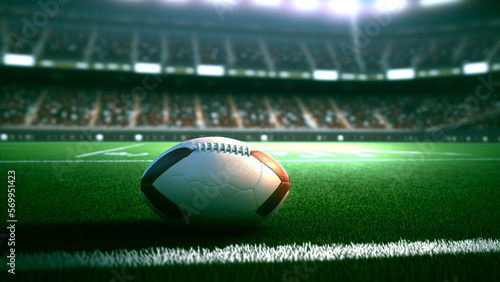 american football stadium, ball laying on green field, dramatic lighting created with Generative AI