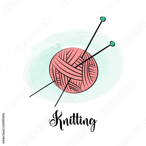 Knitting. Ball of wool and two needles stuck into it. Symbol of knitting. Cute hand drawn handicraft design element. Handmade hobby
