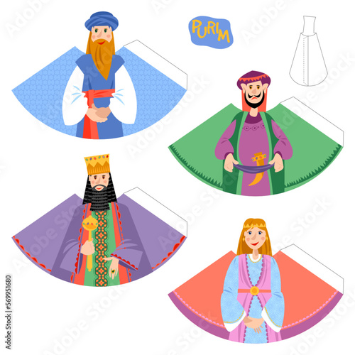 Template for 3D cut out figures of characters of Esther Book (Achashveirosh, Mordechai, Esther, Haman). Purim. Jewish holiday photo