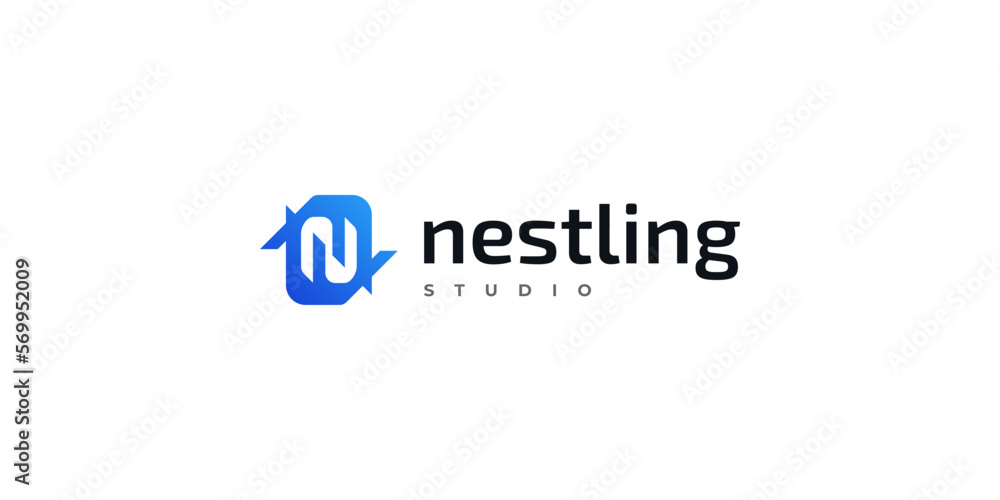 Abstract and Modern Initial Letter N Logo with Negative Space Concept in Blue Gradient Style. For Business and Technology Company Logo