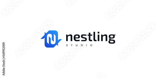 Abstract and Modern Initial Letter N Logo with Negative Space Concept in Blue Gradient Style. For Business and Technology Company Logo
