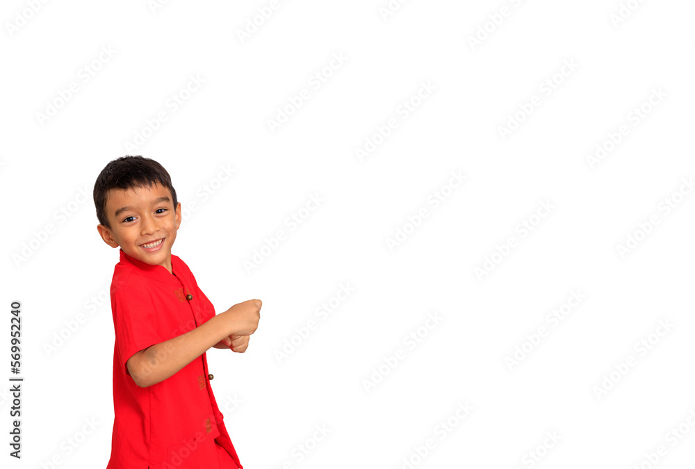 little boy fashion Smiling child in red chinese dress, style and fashion ideas for children. chinese new year