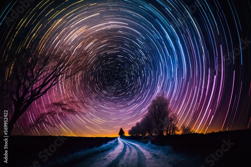 In a long exposure photo, the night sky comes alive with a beautiful trail of stars, painted in soft and delicate pastel hues a long exposure photo, the night sky comes alive with a beautiful trail.