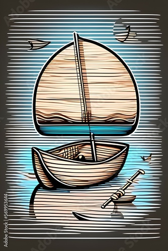 wooden boat with fishing rod in floating on the water, sketch vector graphic colorful illustration - generative ai