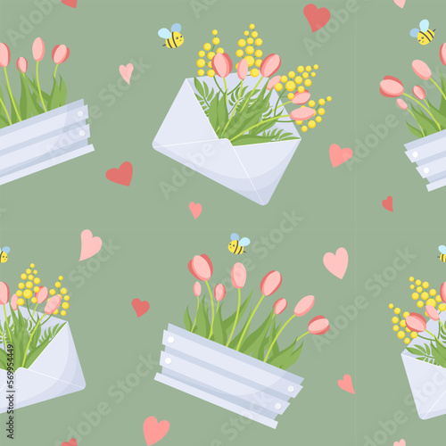 Spring seamless pattern. Pattern with flowers in an envelope, flower pot. Floral texture for textile, print and fashion design. Vector.