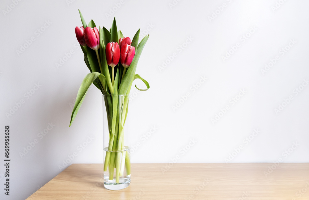 Pink tulip flowers in transparent glass vase on wooden table, early spring romantic holiday gift concept with copy space, Mother's day design, selective focus, home interior decor