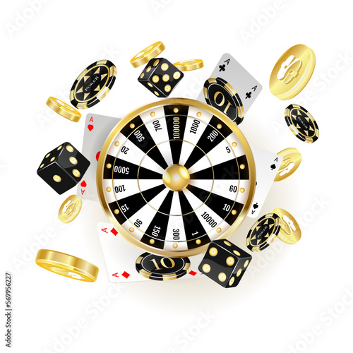 Playing cards and poker chips fly casino. Concept on white background. Poker casino vector illustration.