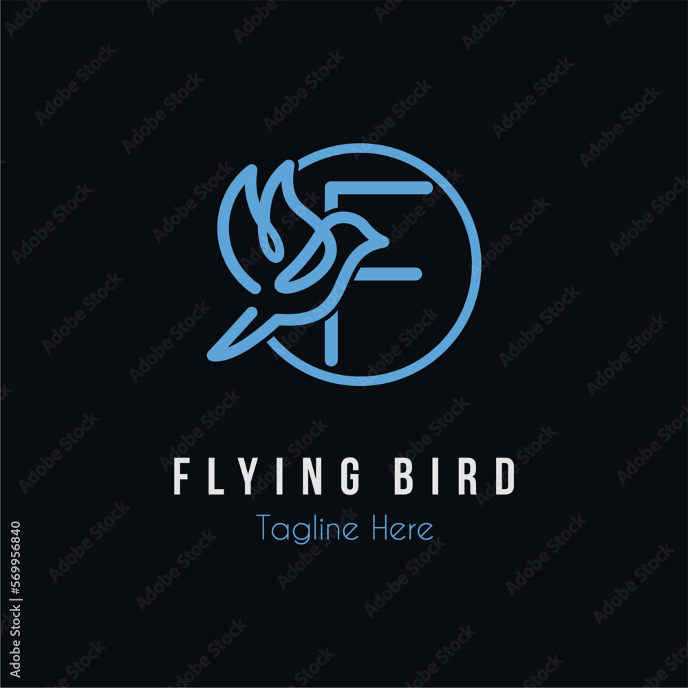 Initial F Letter and Flying Blue Bird Restaurant, Cafe, Digital, Technology Business Logo Idea Template Initial F Letter and Flying Blue Bird Restaurant, Cafe, Digital, Technology Business Logo Idea Template