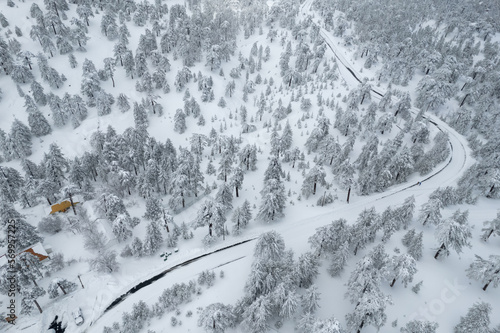 Drone aerial of a frozen road crossing a snowy forest mountain in winter. Troodos mountains Cyprus wintertime season