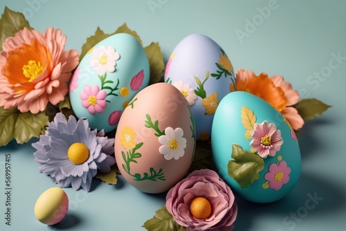 Trendy Realistic Easter greeting card, banner with flowers, Easter eggs and and flowers with copy space. Spring floral Modern 3d Easter graphic concept - Generative AI