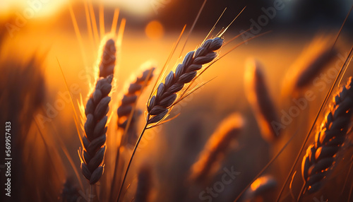 Close up of wheat ears, golden wheat field and sunny day, AI generative