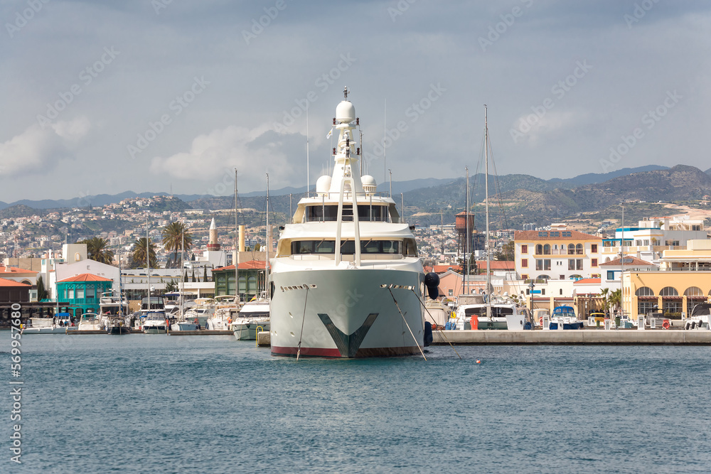View of Yacht moored in Limassol Marina and Limassol cityscape on the background