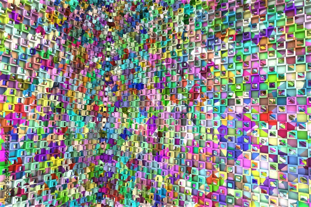 Fototapeta premium 3D ILLUSTRATION RENDERING. ABSTRACT BACKGROUND SQUARE PATTERN DIMENSION OBJECT TRENDY COLORFUL GEOMETRY DISTORTED EFFECT GRAPHIC TEXTURE. PERSPECTIVE SCIENCE TECHNOLOGY PRESENTATION RANDOM DESIGN.