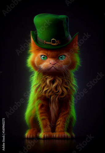 Cat in green leprechaun hat and green glowing. St Patrick s day. Cat - Leprecat. AI.