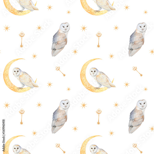 Watercolor seamless pattern with owls, moon, keys