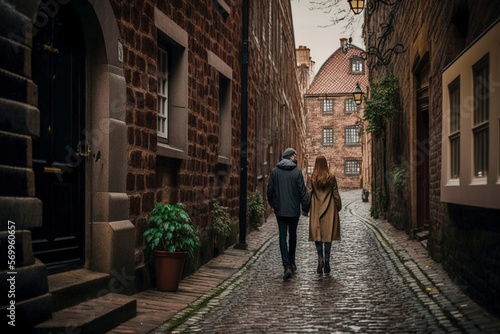 A couple walking hand-in-hand down a cobblestone street in an old city, surrounded by beautiful architecture