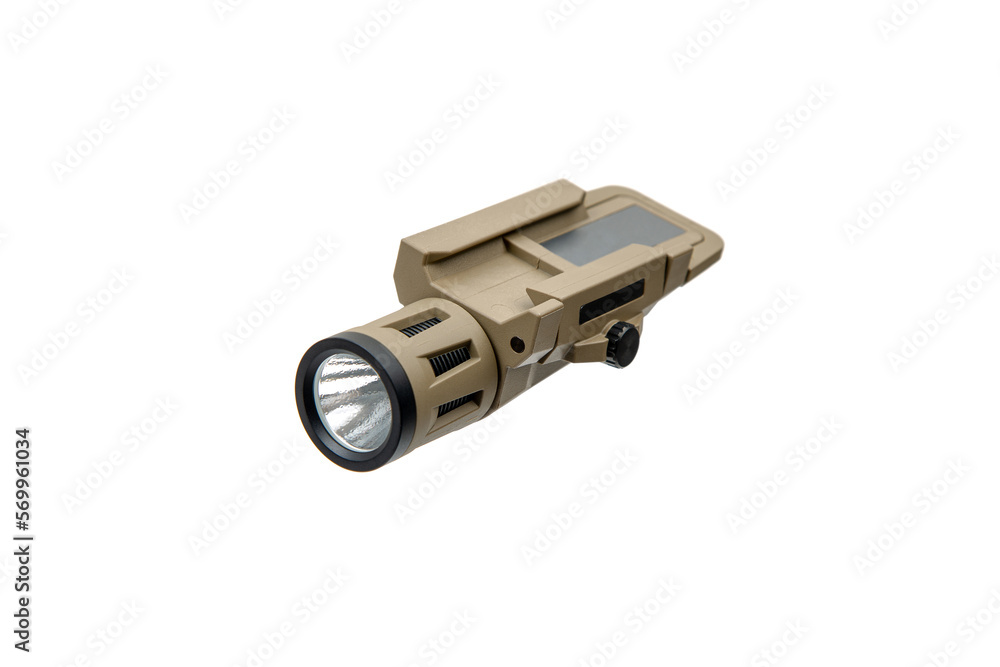 Modern LED flashlight with weapon mount. Underbarrel tactical fl Modern LED flashlight with weapon mount. Underbarrel tactical fl