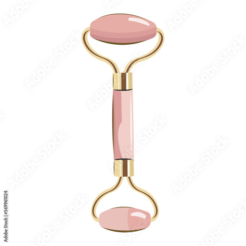 Vector trendy natural rose quartz crystal roll on face massager with golden plating metal