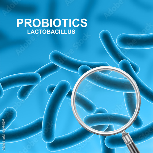 Probiotic background. Magnifying glass with probiotics on blue background. Human health background. EPS10 vector