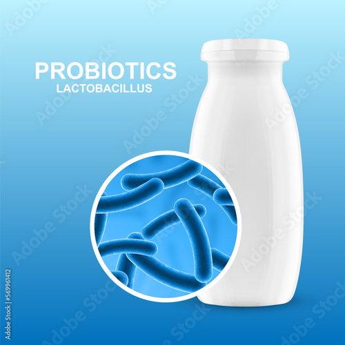 Probiotic products. Concept - Yoghurt with probiotic content. Microbiome on blue background. EPS10 vector