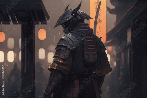 samurai's background samurai in a futuristic cyberpunk world, Generative AI 