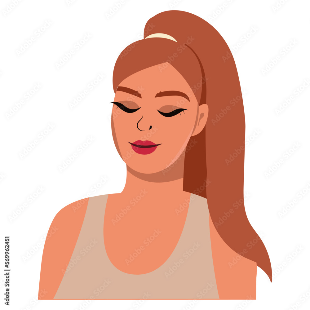 Happy cute young beatiful wave hairstyle woman smiling with closed eyes. Isolated vector illustration. Happy cute young beatiful wave hairstyle woman smiling with closed eyes. Isolated vector illustration.
