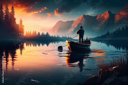 A fisherman catches fish in a picturesque lake at sunset. AI generated