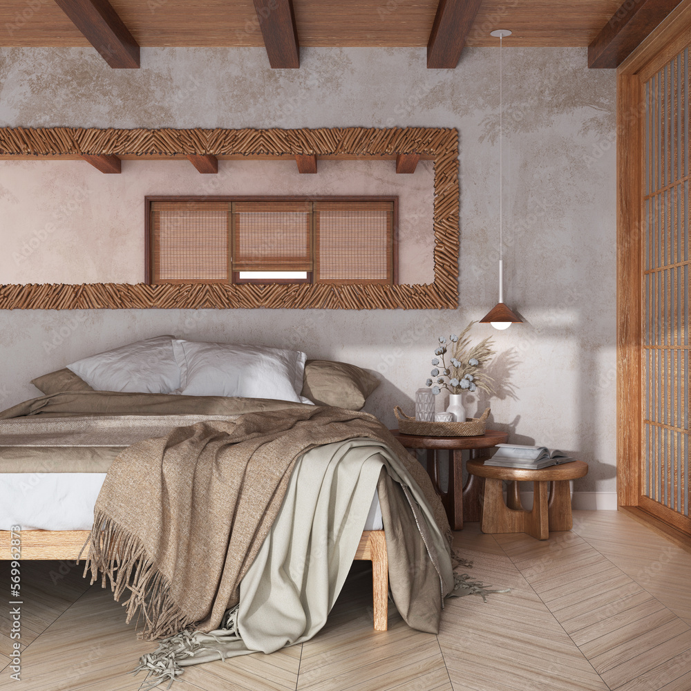 Farmhouse bohemian wooden bedroom in white and beige tones. Double bed ...