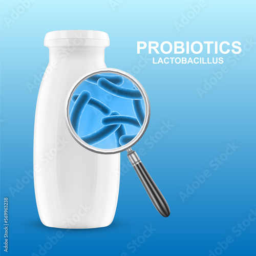 Probiotic products. Concept - Yoghurt with probiotic content. Microbiome on blue background. EPS10 vector