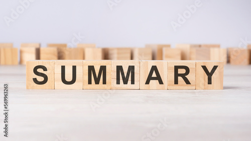 word SUMMARY inscribed on wooden cubes lying on a light table. economy and investments concept.