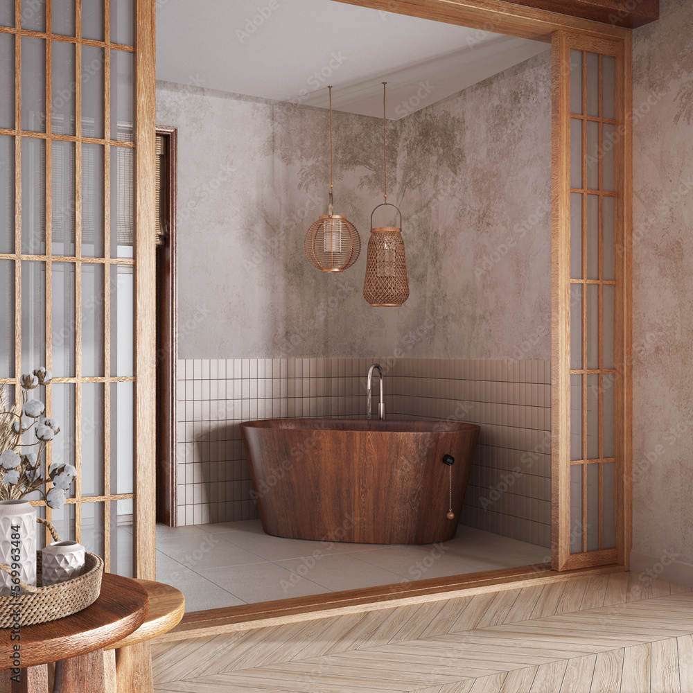 Japandi Bathroom In White And Beige Tones Paper Door And Freestanding japandi-bathroom-in-white-and-beige-tones-paper-door-and-freestanding