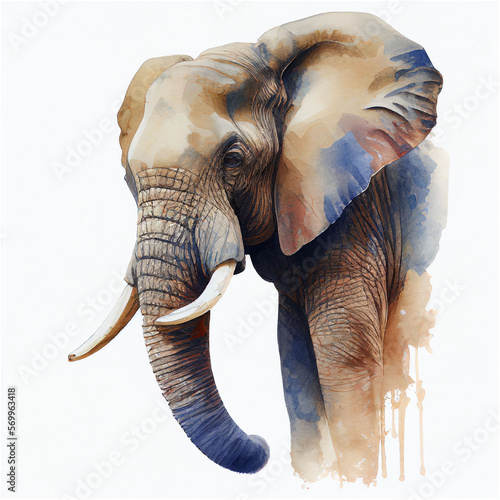 elephant head , animal, watercolor illustration isolated on white background, generative ai.