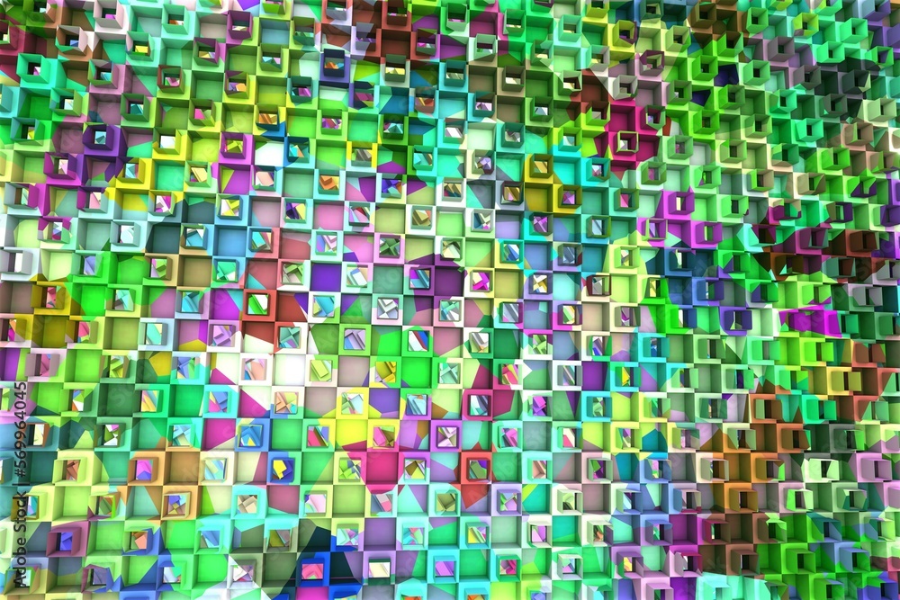 Fototapeta premium 3D ILLUSTRATION RENDERING. ABSTRACT BACKGROUND SQUARE PATTERN DIMENSION OBJECT TRENDY COLORFUL GEOMETRY DISTORTED EFFECT GRAPHIC TEXTURE. PERSPECTIVE SCIENCE TECHNOLOGY PRESENTATION RANDOM DESIGN.