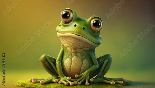 Green cartoon frog in studio created with Generative AI © Bertil